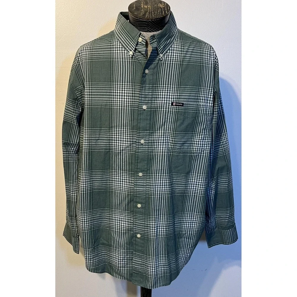 Chaps Men's‎ XL Green White Plaid Button Down Long Sleeve Easy Care Cotton Shirt